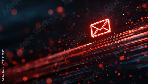 Glowing red email icon with a digital background.