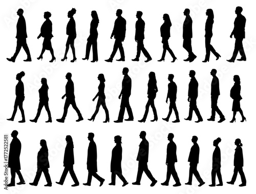 Silhouettes of diverse men and woman walking vector collection.