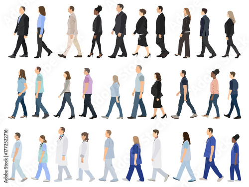 Diverse people walking, doctors business people vector illustration.