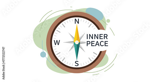 A conceptual illustration features a compass pointing towards inner peace, symbolizing direction, mindfulness, and the journey to tranquility and well-being.