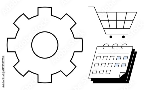 Gear for productivity, shopping cart for e-commerce, and calendar for scheduling or planning. Ideal for business, technology, planning, organization, e-commerce automation and efficiency. Simple