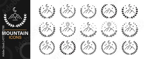 Laurel wreath mountain icons, minimalist nature vector emblems for explorers