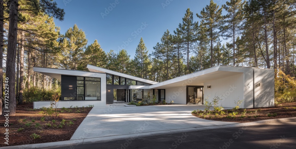 Fototapeta premium Modern single-story angular house in forest.