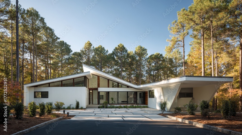 Obraz premium Modern single-story angular house in forest.