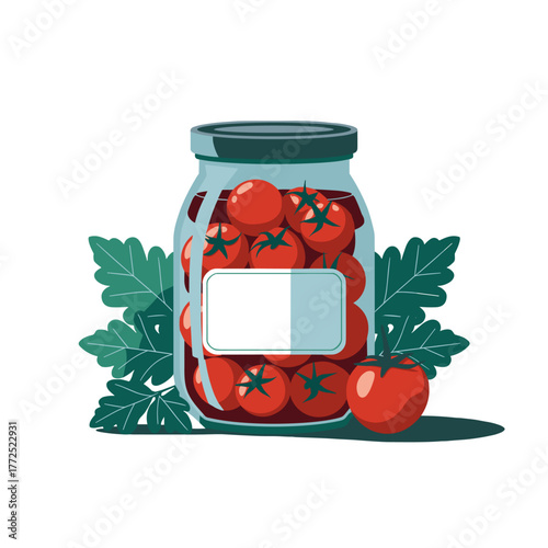 Pickled cherry tomatoes in jar with empty label isolated in flat design on white background