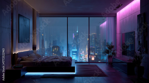 Modern bedroom with neon lights and panoramic window overlooking city skyline, symbolizing urban lifestyle and futuristic design concept