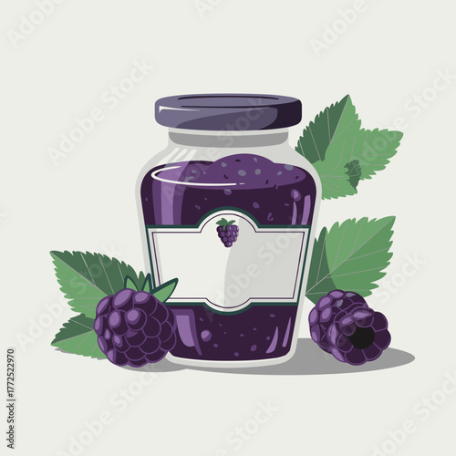 Blackberry jam jar with empty label in vector design isolated on white background