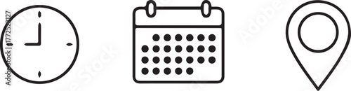 Set of black-and-white icons representing time, calendar date, and location pin vector illustration for scheduling and planning