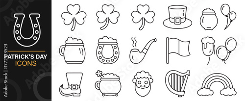 Irish celebration outline icons with shamrock, leprechaun hat, and pot of gold