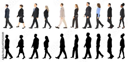 Office people walking, business professional lifestyle, flat vector illustration of working characters, side view 