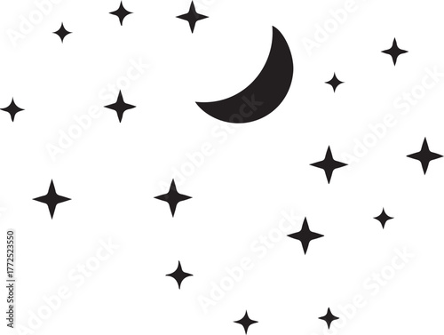 Minimalist vector illustration of moon and stars in the night sky.