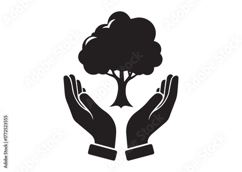 Tree in open hands icon, Tree in open hands silhouette vector