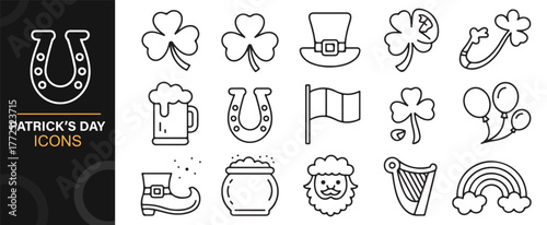 Outline vector illustration set of St. Patrick’s Day elements and decorations