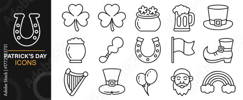 Irish holiday icons collection featuring clover, beer, rainbow, and hat in vector line art