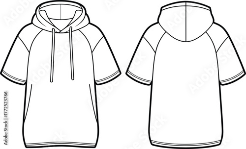 Short sleeve hoodie flat sketch, front and back technical fashion drawing, raglan sleeve garment template, apparel vector design, casual clothing illustration