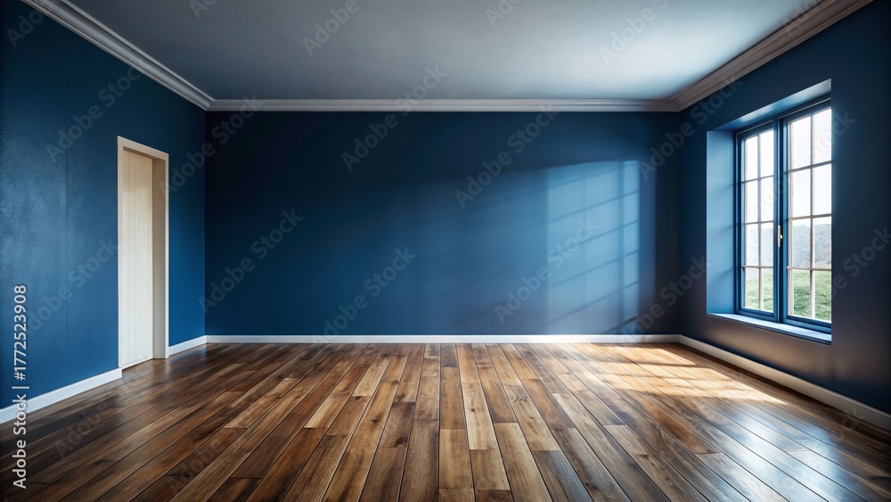Fototapeta premium Empty Dark Blue Room, Brown Wooden Floor - Moody Interior Stock Photo