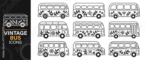 Hippie flower power vans and buses in outline style illustration set