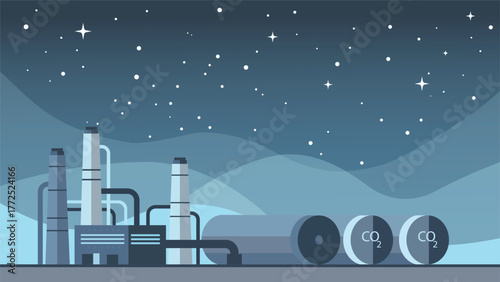 Flat illustration of industrial plant and CO2 storage tanks at night with pipes, chimneys, and starry sky showing carbon capture technology and clean industry concept