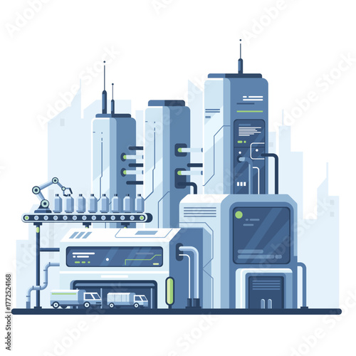 Flat illustration of modern smart factory with automation robots production line and advanced industrial buildings showing future technology and innovation concept