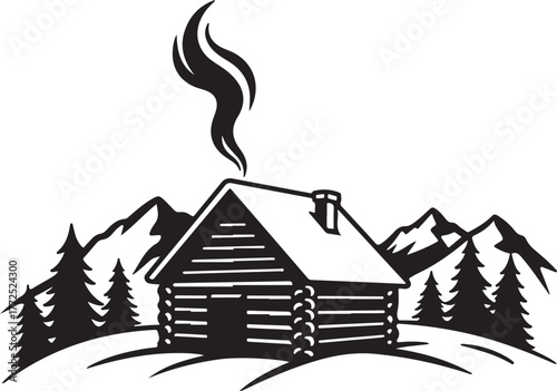 Cozy cabin in the mountains with smoke from the chimney isolated.