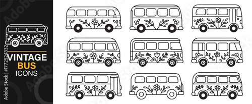 Boho floral transportation vector icons, 1960s style vintage buses