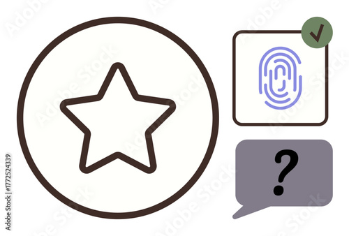 Star within a circle, fingerprint icon with a green check mark, and question speech bubble. Ideal for security, evaluation, choice, rating, authentication, decision-making and user interface