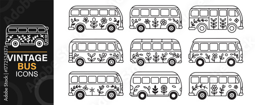 Retro travel minibus collection, black and white hippie car illustrations
