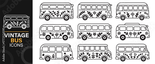 Hand drawn vector outline of classic camper vans with decorative floral motifs
