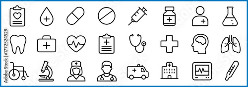 Healthcare set line icons. Medicine and health care linear icon collection. Containing emergency, doctor, diagnosis, health, prevention, treatment