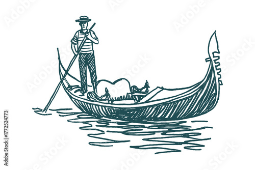 Gondola with gondolier sketch hand drawn line art vector illustration