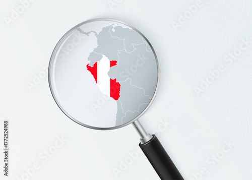 Peru Map Under Magnifying Glass with National Flag Overlay.