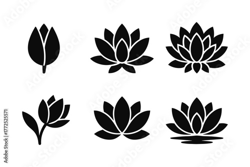Silhouette lotus flower icons set for minimalist design projects