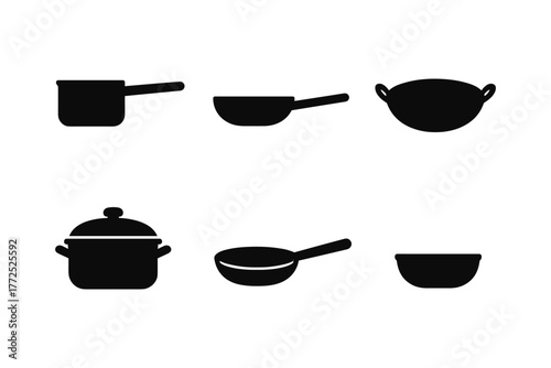 Cooking pots and pans set in silhouette style for kitchen design