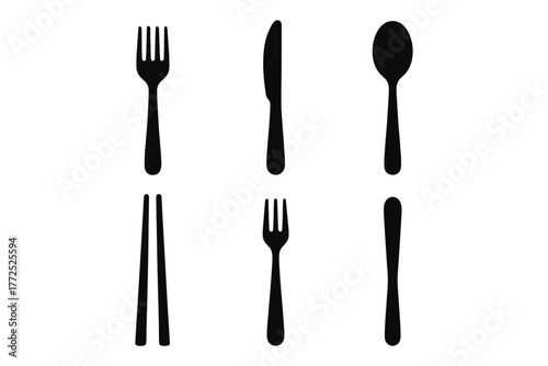 Silhouette fork, knife, and spoon: minimalist black and white cutlery set