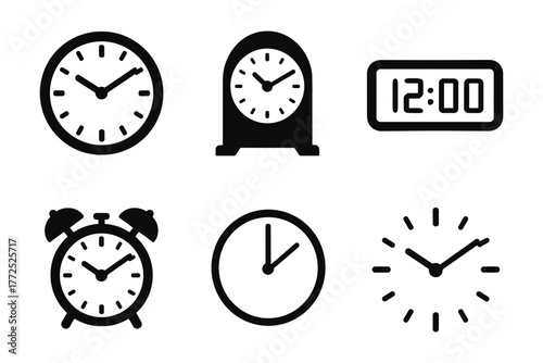 Variety of clock icons featuring analog and digital timepieces in minimalist style