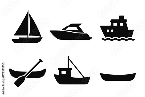 Minimalist black silhouettes of boats and ships on white background