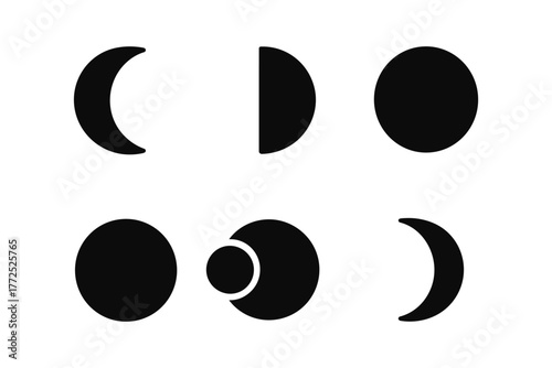 Minimalist moon phase icons set in silhouette style
