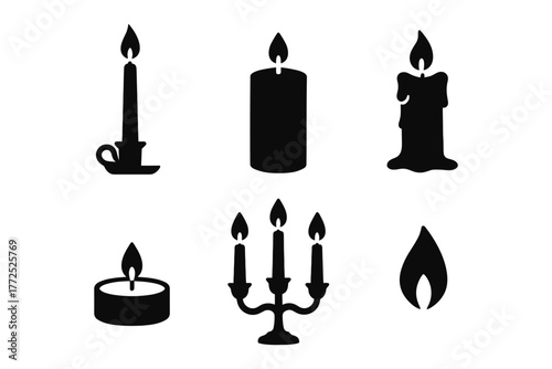 Silhouette candle icons set with diverse shapes for elegant designs