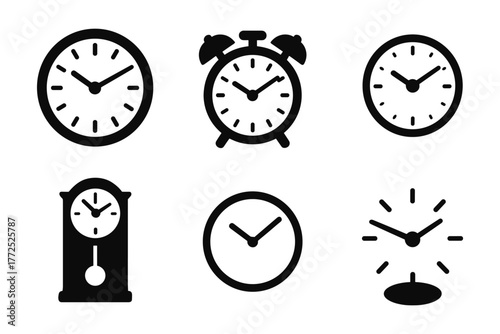 Collection of classic clock icons in flat silhouette design