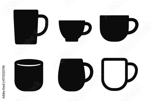 Set of black silhouette coffee cups and mugs in minimalist design