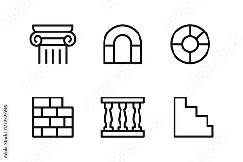 Linear architecture icons: columns, arches, walls, balustrades, stairs
