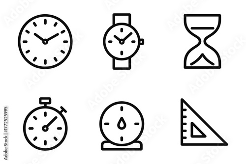 Set of minimalist linear time and measurement icons for digital design