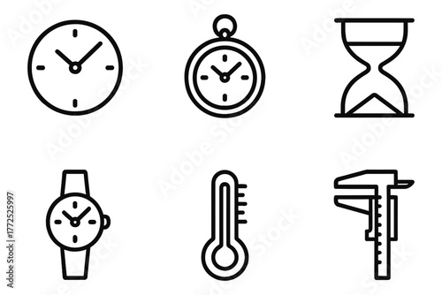 Minimalist linear icons of clocks, thermometers, and measurement tools