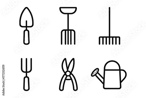 Simple linear icons of garden tools for gardening and landscaping projects