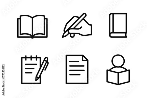 Simple linear icons of writing, reading, and note-taking concepts in black and white