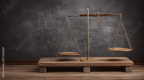An antique balance scale, a symbol of justice, standing on a wooden surface, with a chalkboard backdrop