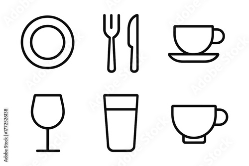 Minimalist kitchenware icons set featuring cups, glasses, and cutlery