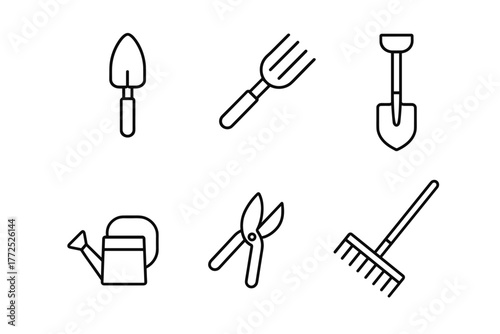 Minimalist gardening tools set with line icons for landscaping and planting