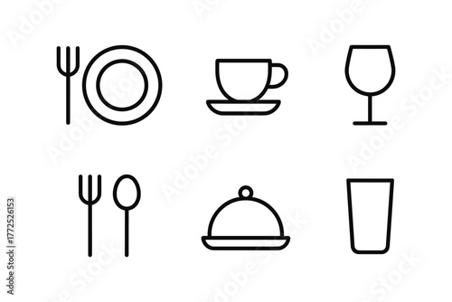 Minimalist dining icons collection featuring tableware and drinkware in linear style