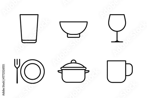 Minimalist line icons of kitchenware including glass, bowl, and utensils